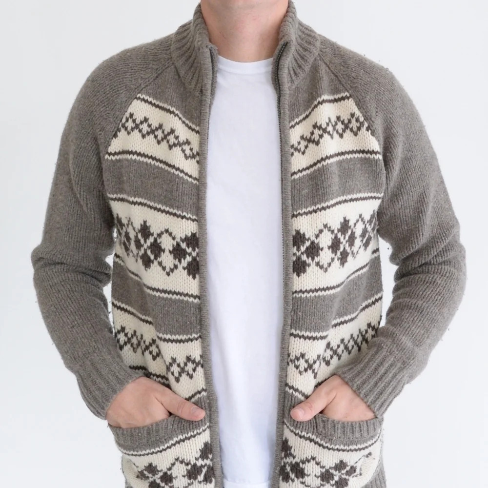 Hudson North Brown Lamb's Wool Argyle Patterned  Zip Up Cartigan - size Small